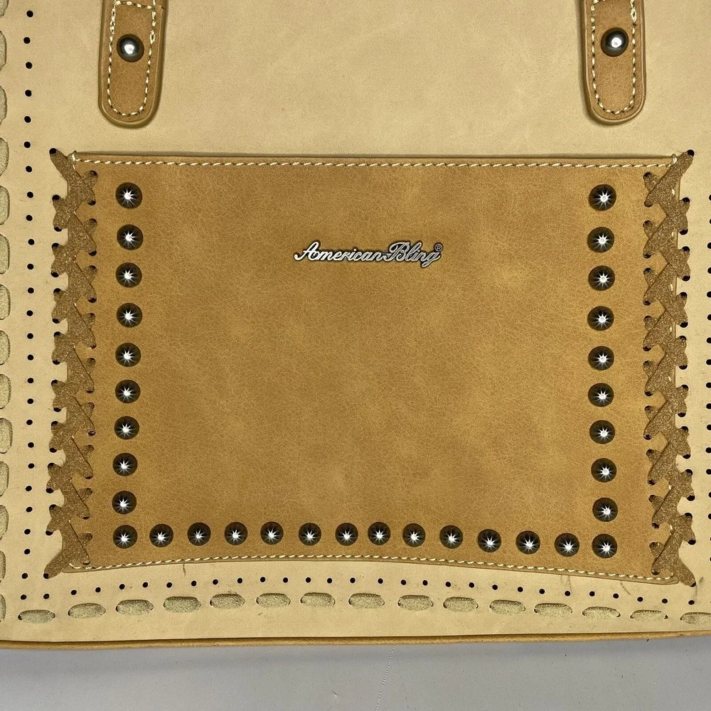 American Bling Concealed Carry Tan Purse Studded Detail Shoulder Bag Zip Closure